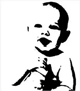 Portrait stylisé en noir et blanc d’un bébé souriant, contraste fort façon pochoir. Illustration du texte « Bienvenue » d’Hervé Gransart.