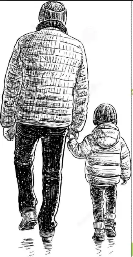 Dessin à l’encre d’un père et son petit garçon marchant main dans la main, vus de dos, en doudounes et bonnets. Illustration de la nouvelle « Minutes suspendues » d’Hervé Gransart.