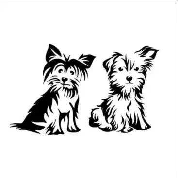 Illustration en noir et blanc de deux Yorkshire terriers assis côte à côte, silhouettes jumelles. Illustration de la nouvelle « Les Jumeaux » d’Hervé Gransart.