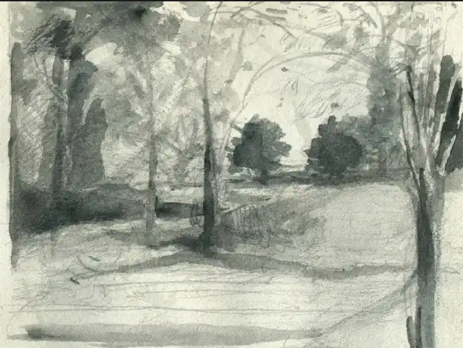 Esquisse au lavis d’un parc arboré, arbres et allée dans une lumière douce et diffuse. Illustration de la nouvelle « Le Parc » d’Hervé Gransart.