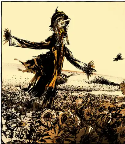 Illustration d’un épouvantail aux bras écartés dans un champ de tournesols, corbeau s’envolant à ses côtés. Illustration de la nouvelle « L’Homme de paille » d’Hervé Gransart.
