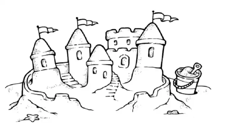 Dessin d’un château de sable avec tours et drapeaux, seau et pelle sur la plage. Illustration de la nouvelle « La vie comme un château de sable » d’Hervé Gransart.