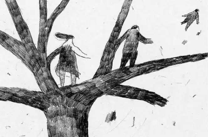 Dessin au crayon montrant deux silhouettes debout sur les branches d’un arbre, une troisième s’envolant au loin. Illustration du texte « L’Envol » d’Hervé Gransart.