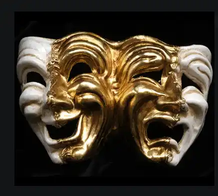 Masque vénitien doré à trois visages — rire, cri et pleurs — sur fond noir. Illustration du poème « Commedia » d’Hervé Gransart.