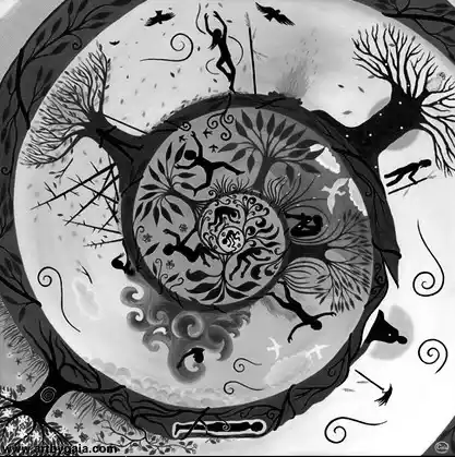 Illustration circulaire en noir et blanc représentant le cycle de la vie, avec silhouettes humaines, arbres et éléments naturels entrelacés. Illustration du poème « Hymne » d’Hervé Gransart.