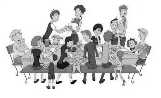 Illustration d’un repas de famille autour d’une grande table : plusieurs générations attablées, une femme apportant des plats, conversations animées. Visuel de la nouvelle satirique « Un dimanche » en famille d’Hervé Gransart.