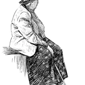 Dessin à l’encre d’une femme âgée assise, appuyée sur sa canne, silhouette de profil empreinte de dignité. Illustration de la nouvelle « La P’tite Vieille » d’Hervé Gransart.