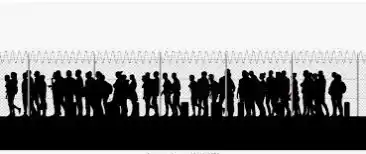 Silhouettes noires de migrants alignés derrière des barbelés, contre-jour minimaliste. Illustration du texte « Mi homme, mi-grand » d’Hervé Gransart.