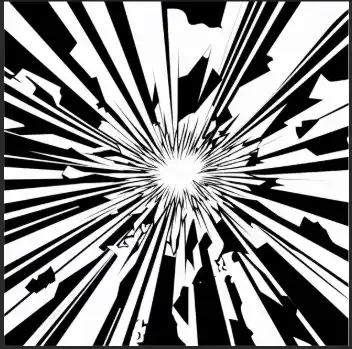 Explosion graphique en noir et blanc, lignes éclatées convergeant vers un point central lumineux. Illustration du texte « Pourquoi moi ? » d’Hervé Gransart.