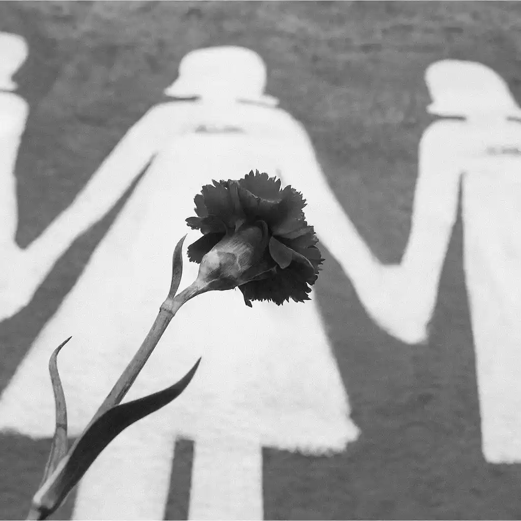 Œillet solitaire devant des silhouettes féminines en papier se tenant la main, en noir et blanc. Illustration du femmage « À Nathalie » d’Hervé Gransart.
