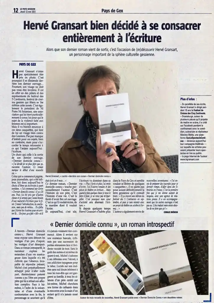 Avis du journal Le Gessien sur Dernier domicile connu d’Hervé Gransart. Chronique littéraire élogieuse du roman autobiographique.