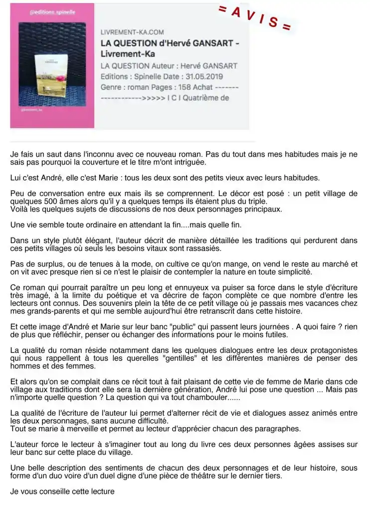 Avis lecteur positif sur le roman psychologique « La Question » de Hervé Gransart publié sur le blog Livrement-Ka.
