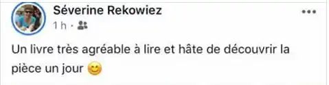 Commentaire Facebook positif de Séverine Rekowiez sur le roman psychologique « La Question » d’Hervé Gransart. Livre agréable mentionnant une adaptation théâtrale.