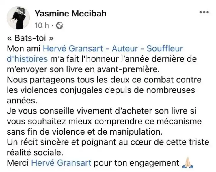 Avis de Yasmine Mecibah sur Bats-toi d’Hervé Gransart : « Combat partagé contre les violences conjugales, récit sincère et poignant sur le mécanisme de violence et manipulation ».