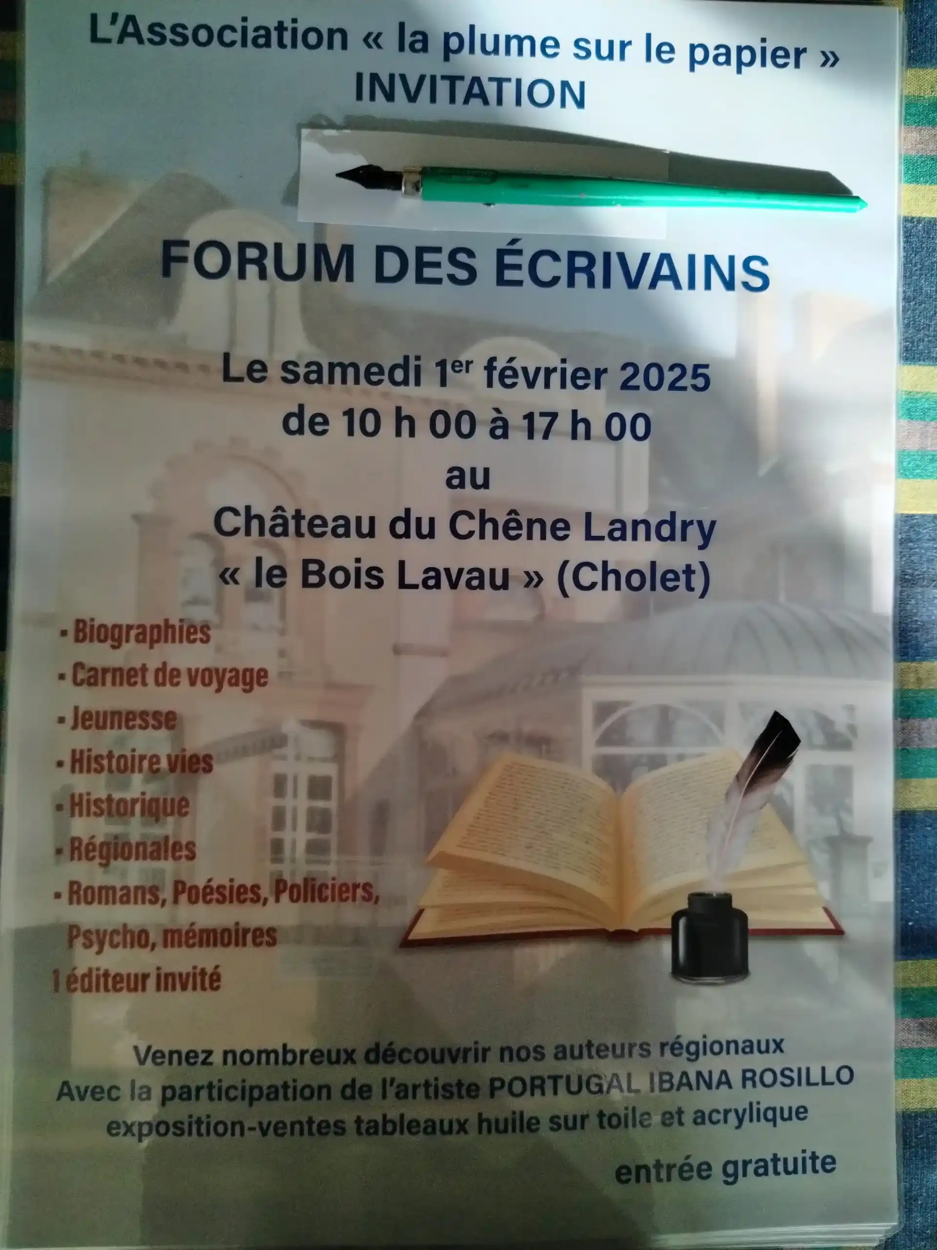 Affiche du Forum des écrivains au Château du Chêne Landry de Cholet. Dédicaces et événements passés de Hervé Gransart le 1er février 2025.