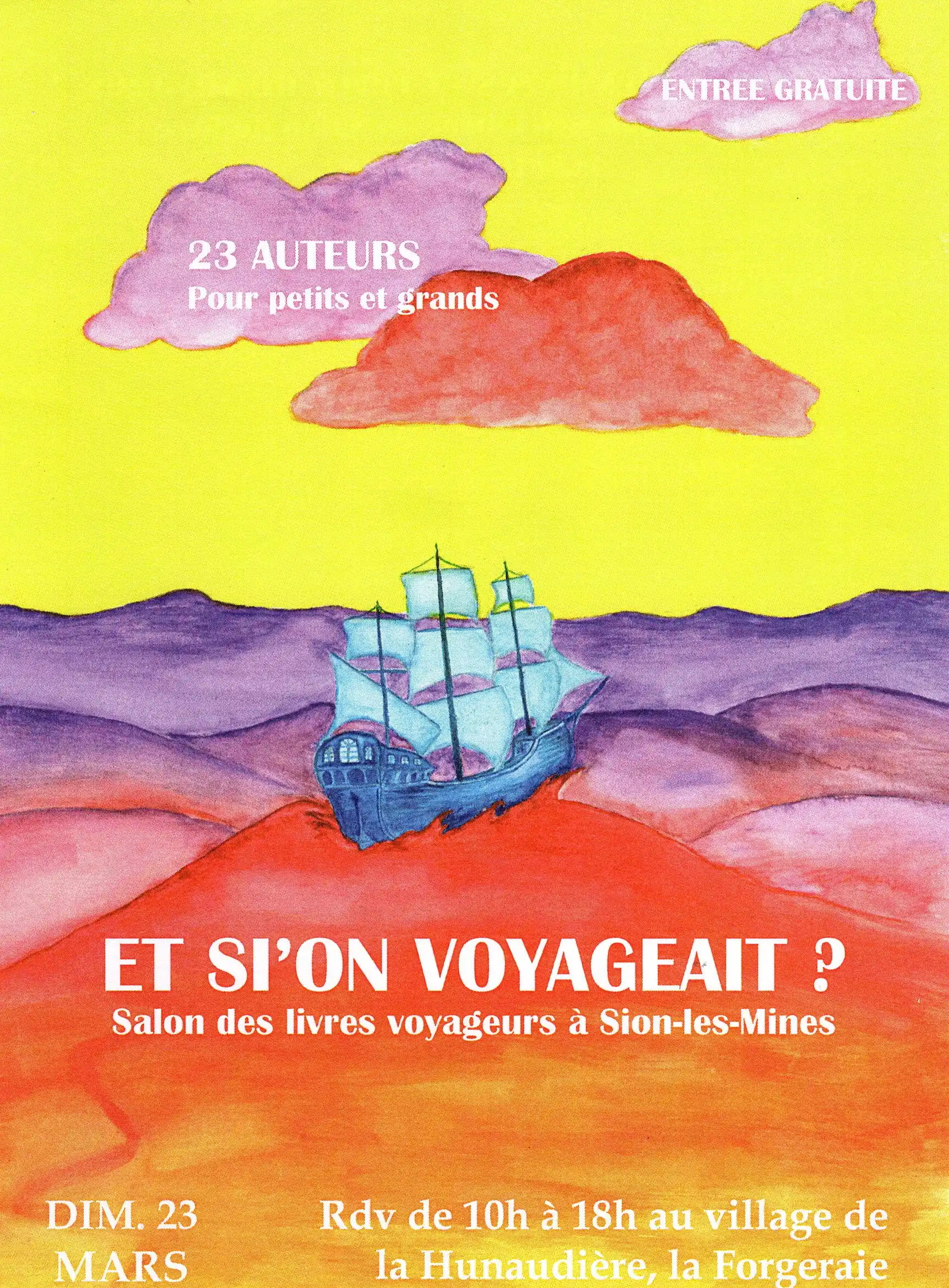 Affiche du Salon des livres voyageurs à Sion-les-mines. Dédicaces de Hervé Gransart le 23 mars 2025.