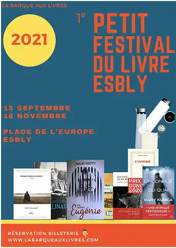Affiche du premier Festival du Livre d’Esbly. Dédicaces de Hervé Gransart à la librairie La Barque aux Livres en 2021.