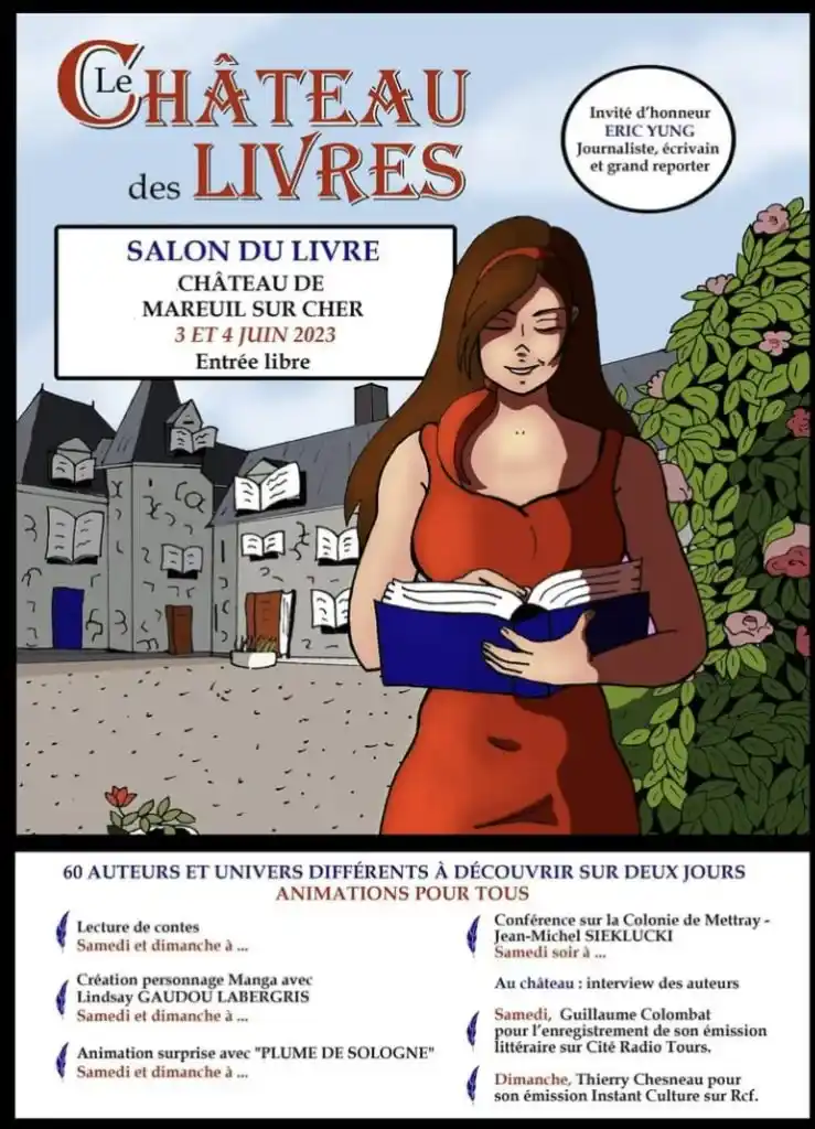 Affiche Le Château des Livres — Salon du livre de Mareuil-sur-Cher. Dédicaces de Hervé Gransart — 3 et 4 juin 2023.