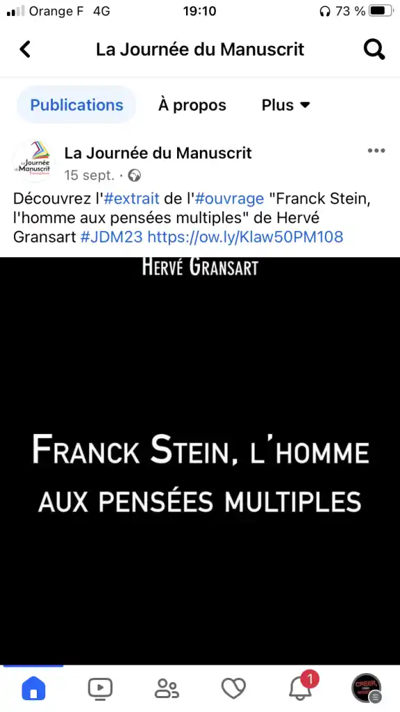 Publication Facebook de La Journée du Manuscrit, annonçant la nomination du roman « Franck Stein, l’homme aux pensées multiples » de Hervé Gransart.