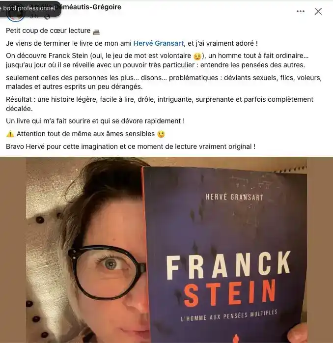 Avis de lecteur sur Franck Stein de Hervé Gransart, avec photo de la couverture du roman « Franck Stein, l’homme aux pensées multiples ».