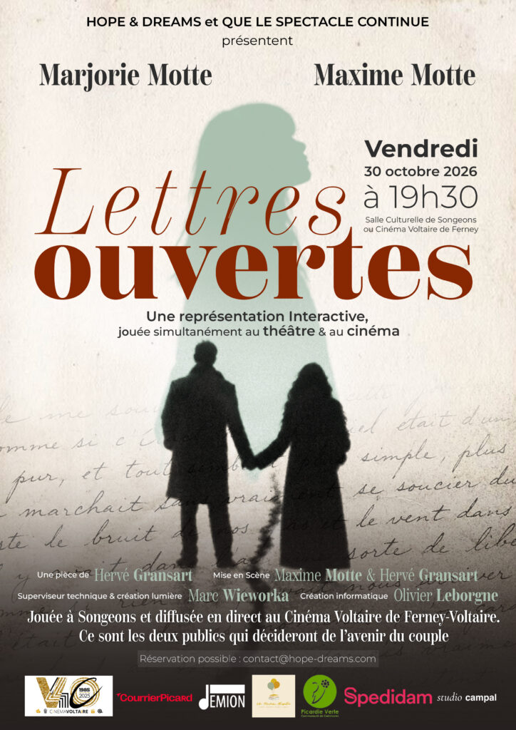 Affiche de Lettres ouvertes, pièce d’Hervé Gransart : vendredi 30 octobre 2026 à 19 h 30 à Songeons (60)